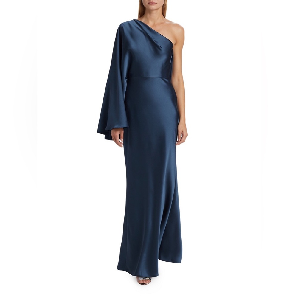 Amsale One-Shoulder Navy Blue Dress